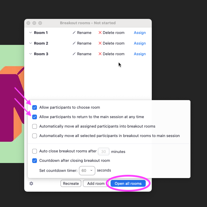 Zoom's breakout room settings modal shows selected options for 'Allow participants to choose room', 'Allow participants to return to the main session at any time', 'Countdown after closing breakout rooms', and an 'Open all rooms' button.