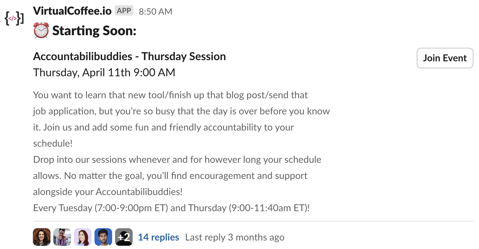 A post on the #vc-events channel in Slack announcing an event that is starting soon